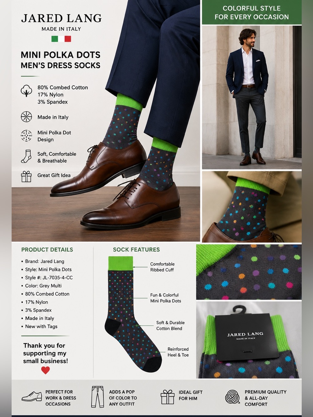 Jared Lang Men’s Socks NWT Made in Italy Grey Multi Polka Dot Neon Green